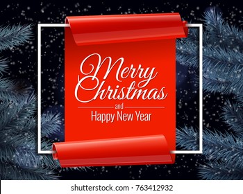 Christmas ball and Christmas tree. twisted piece of paper. Background template greeting card. Vector illustration.