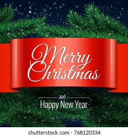 Christmas ball and Christmas tree. twisted piece of paper. Background template greeting card. Vector illustration.