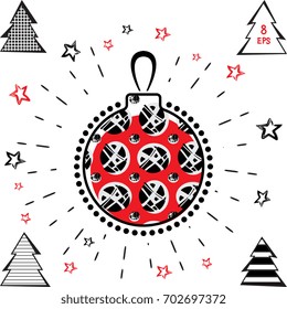 Christmas Ball and Christmas Tree Vector Icons With Black and Red Stars in Grunge Style. Hand Drawn Imitation