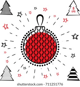 Christmas Ball and Christmas Tree Vector Icons With Black and Red Stars in Grunge Style. Hand Drawn Imitation
