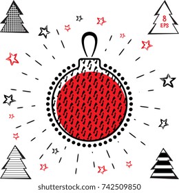 Christmas Ball and Christmas Tree Vector Icons With Black and Red Stars in Grunge Style. Hand Drawn Imitation