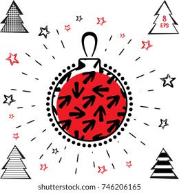 Christmas Ball and Christmas Tree Vector Icons With Black and Red Stars in Grunge Style. Hand Drawn Imitation
