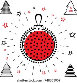 Christmas Ball and Christmas Tree Vector Icons With Black and Red Stars in Grunge Style. Hand Drawn Imitation