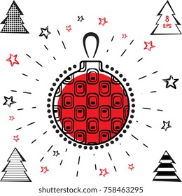 Christmas Ball and Christmas Tree Vector Icons With Black and Red Stars in Grunge Style. Hand Drawn Imitation