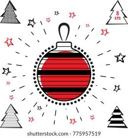 Christmas Ball and Christmas Tree Vector Icons With Black and Red Stars in Grunge Style. Hand Drawn Imitation