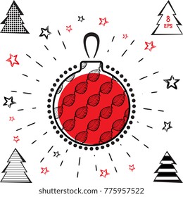 Christmas Ball and Christmas Tree Vector Icons With Black and Red Stars in Grunge Style. Hand Drawn Imitation