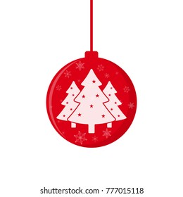 Christmas ball with christmas trees in flat design. Vector illustration. Hanging Christmas ball, isolated on white background