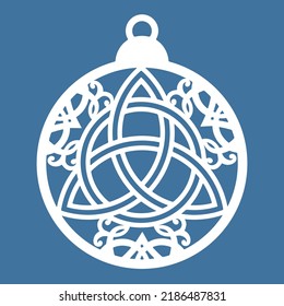 Christmas Ball With Triquetra, An Ancient Viking Magic Symbol. Hanging Decoration Template For Yule Celebration, New Year Party Invitations. Suitable For Laser, Plotter Cutting Or Printing.