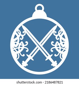 Christmas ball with two crossed swords and Scandinavian Viking ornament. Hanging decoration template for Yule celebration, New Year party invitations. Suitable for laser, plotter cutting or printing.