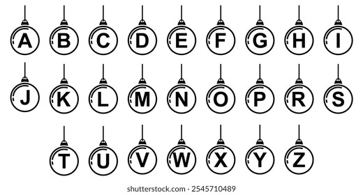 Christmas ball typography alphabet editable text, font in baubles, lettering. seasonal greeting card template, Merry Christmas and Happy New Year vector illustration