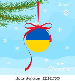 Christmas ball with the Ukraine flag, decorates the Christmas tree branch. Illustration of a Christmas ball with the flag of Ukraine in a Christmas tree branch on a beautiful winter background