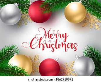 Christmas ball vector background design. Merry christmas typography text with elements of balls and pine leaves for xmas holiday celebration greeting invitation design. Vector illustration. 