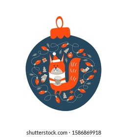 Christmas ball. Vector illustration. Squirrel with a nut dressed in a warm sweater.