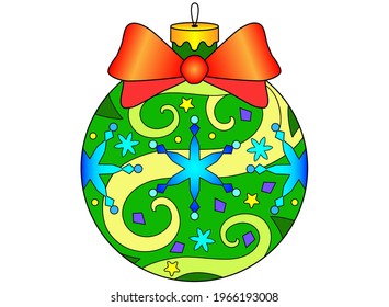 Christmas ball - vector linear color zentangle illustration of New Year and Christmas. Painted Christmas tree toy with bow and snowflakes - multicolored stained glass window or batik. Coloring.