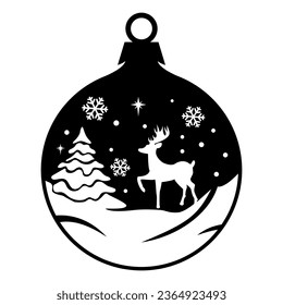 Weihnachtsballvektor. Papierschnitt-Vorlage. Frohe Weihnachtsstunde, Baum, Schnee, Hirsch