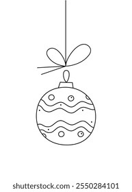 Bola de Navidad con un patrón ondulado y círculos en una cuerda. Ilustración Clipart en blanco y negro.