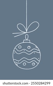 Weihnachtskugel mit wellenförmigem Muster und Kreisen an einer Schnur. Farbige Clipart-Abbildung.
