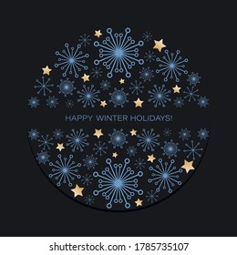 Christmas ball. Winter holiday greetings with snowflakes and stars. Ornaments greeting card 