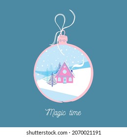 Christmas ball with Winter landscape. Fabulous forest house, snowdrifts and firs. Holiday print for greeting card, textile, poster. Vector illustration.