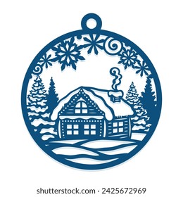 Christmas ball with winter landscape. Festive hanging decoration of round shape with a cute hut, snow, forest on white background. New Year's gift on the tree. Template for plotter laser cutting, cnc.