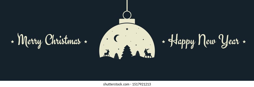 Christmas ball with winter landscape inside. Trees, deer and stars