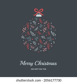 Christmas ball with wishes and branches of mistletoe. Xmas ornament. Vector