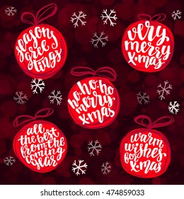 Christmas ball word cloud, holidays hand lettering collage. Vector element for New Year's design on dark red background.
