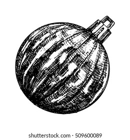 Christmas ball for xmas and New Year tree decoration. Hand drawing. Evening holiday ball, hand drawn, isolated on white background. Vector.