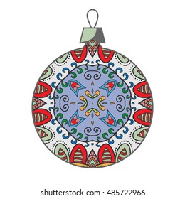 Christmas ball zen-doodle ornate pattern. New Year 2017. Vector hand drawn artistic ethnic ornament. Isolated element for t-shirt print, poster, logo, tattoo