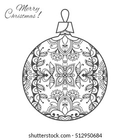 Christmas ball zen-doodle ornate pattern and Merry Christmas sign. New Year 2017. Hand drawn artistic ornament for coloring book. Art therapy. Isolated element for t-shirt print, poster, logo, tattoo