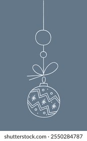 Christmas ball with a zigzag pattern of snowflakes on a string. Color clipart illustration.
