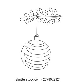 Christmas ball,one line art,continuous drawing.Hand drawn decoration,new year toy,festive element.For New Year holiday cards,coloring book,posters,banners,calendars,print.Editable stroke. Isolated