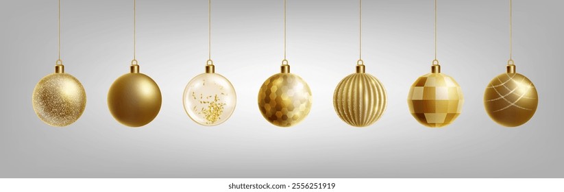 Christmas balloon. Gold ornament, golden bauble. 3D round decoration, Xmas glitter pattern. New Years holiday transparent glass hanging closeup sphere. Banner design. Vector trinket shiny festive set