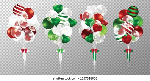 Christmas balloons on transparent background. Realistic glossy red and green balloons vector illustration. Party balloons decorations christmas, wedding, birthday, celebration and anniversary card des