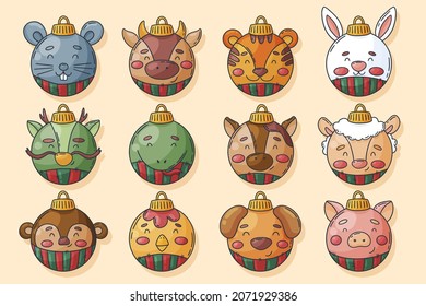 Christmas balls as 12 Chinese traditional zodiac animals. Twelve asian calendar year signs, vector illustration hand drawn, cartoon style. 