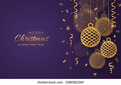 Christmas balls. 3D Realistic hanging golden metallic balls with falling confetti on purple background. Greeting card. New Year Merry Christmas. Shining decoration hanging baubles. Vector illustration