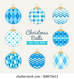 Christmas balls with Argyle, Chevron, Polka Dot, Triangles and Diamond patterns in Blue, Cyan and White. Perfect for greeting cards and Christmas decorations