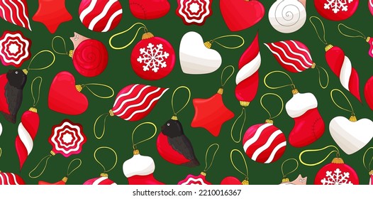 Christmas balls background. Colorful christmas balls on green backdrop. Star, heart shape,  red ball , bullfinch, Santa sock, candy cane. Christmas glass toys backdrop, textile, fabric texture.