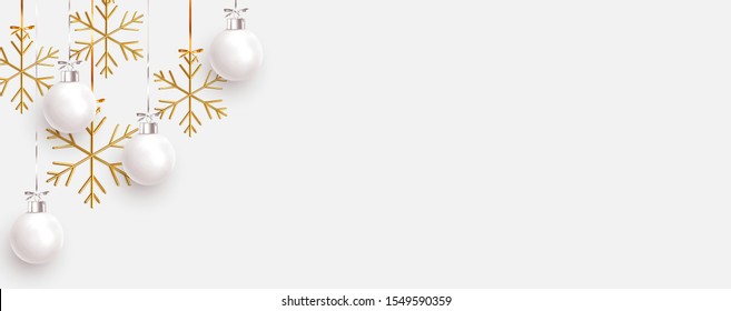 Christmas balls background. Hanging white Xmas decorative bauble, 3d golden metallic snowflakes on the ribbon. Festive vector realistic decor ornaments