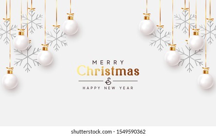 Christmas balls background. Hanging white Xmas decorative bauble, 3d silver metallic snowflakes on the ribbon. Festive vector realistic decor ornaments