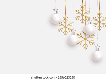 Christmas balls background. Hanging white Xmas decorative bauble, 3d golden metallic snowflakes on the ribbon. Festive vector realistic decor ornaments