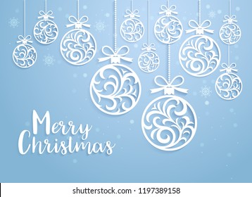 Christmas balls background paper cut style. Vector illustrations.