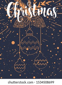 Christmas balls background. Xmas tree decorations and holly leaves and berries. Winter holidays, new year vector doodle festive poster