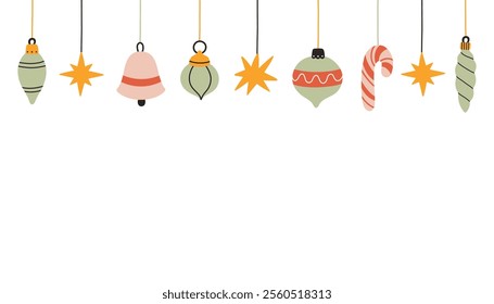 Christmas balls banner. Christmas tree decor banner, Xmas balls on white background. Holiday decoration template.