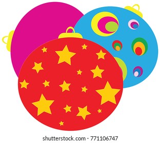 Christmas balls or baubles isolated on white background. Red yellow blue and pink with stars and stripes. Traditional Christmas ornament icons and symbols in eps10 vector