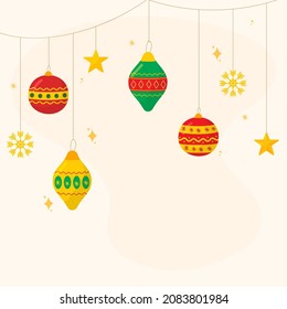 Christmas Balls Or Baubles With Snowflakes, Stars Hang Decorated On Cosmic Latte Background.