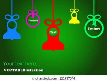 Christmas balls and bells on green background - Vector illustration. Christmas applique background for your design