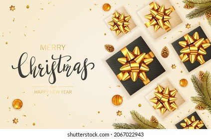 Christmas balls, black and beige holiday gifts with golden bow, fir tree branches, pine cones and shiny stars on beige background. Illustration for Christmas design, posters, cards, websites, banners.