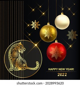 Christmas balls. Black water tiger-symbol of 2022. Chinese New Year. Vector illustration.