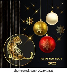 Christmas balls. Black water tiger-symbol of 2022. Chinese New Year. Vector illustration.